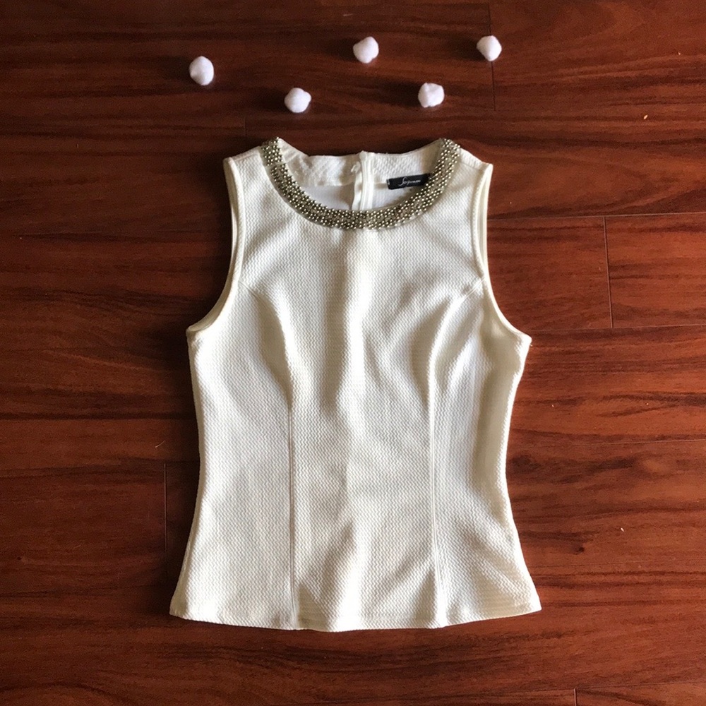 White Sleeveless Shirt with Jeweled Neckline